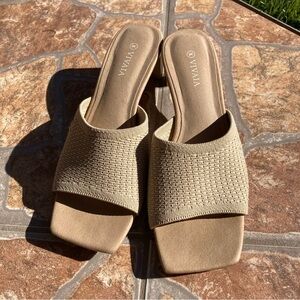 VIVAIA Women's Tan Square Toe Block Heel Woven Sandals